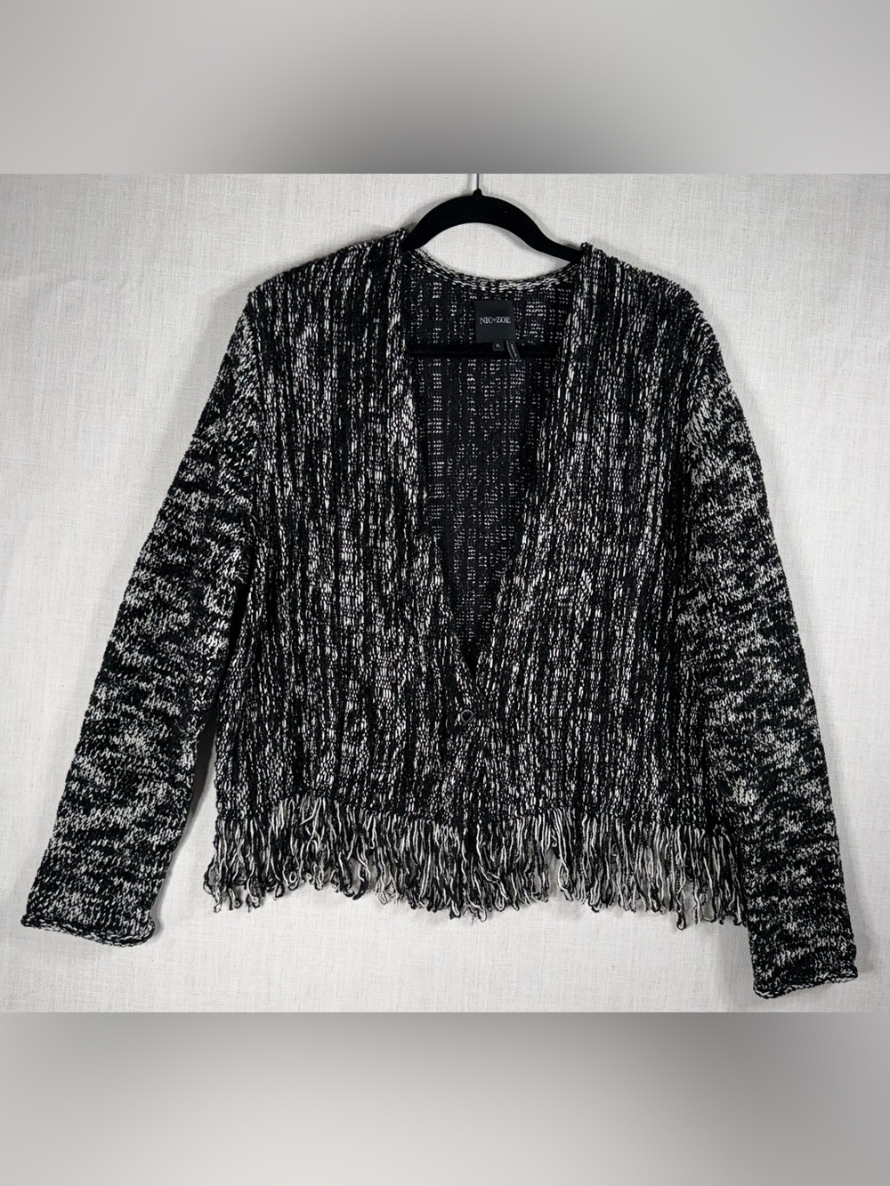 NIC+ZOE Black & White Marled Fringe Open Cardigan